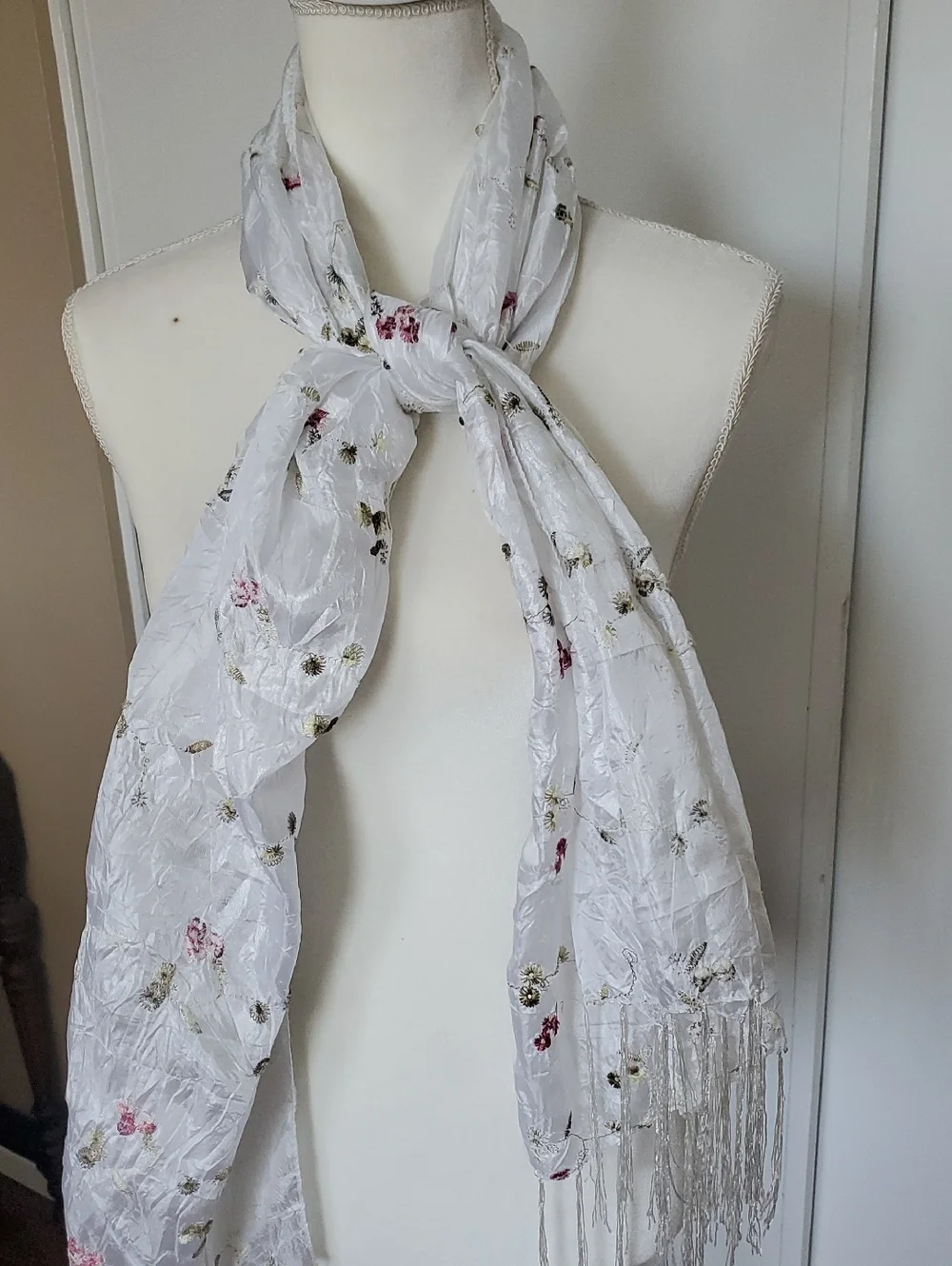 White Floral Fringe Scarf - Lightweight Women's Accessory